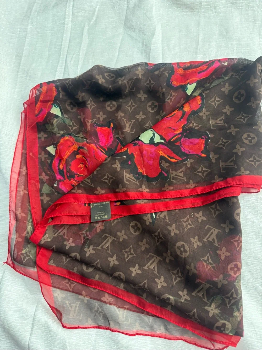 Louis Vuitton Brown Scarf with Red Rose Print